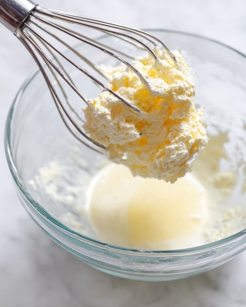 A close-up view shows a metal whisk lifting a cluster of thick, pale yellow cream from a clear glass bowl. The cream looks soft and slightly chunky, with a light and airy texture. The glass bowl holds a small amount of creamy liquid at the bottom, and the scene is set on a white marbled surface. The focus is on the whisk and the cream, capturing the delicate texture and light colors in natural light, photo taken with an iphone --ar 4:5 --v 7