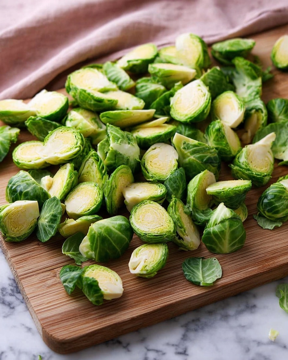 A wooden cutting board holds many small pieces of green Brussels sprouts, each cut into halves or quarters. The sprouts show layered, pale yellow centers with dark green outer leaves. A few loose green leaves are scattered around the pieces. The board rests on a white marbled surface with a soft pink cloth pushed to the side. The natural light highlights the fresh, crisp texture of the sprouts, making the green colors bright and lively photo taken with an iphone --ar 4:5 --v 7