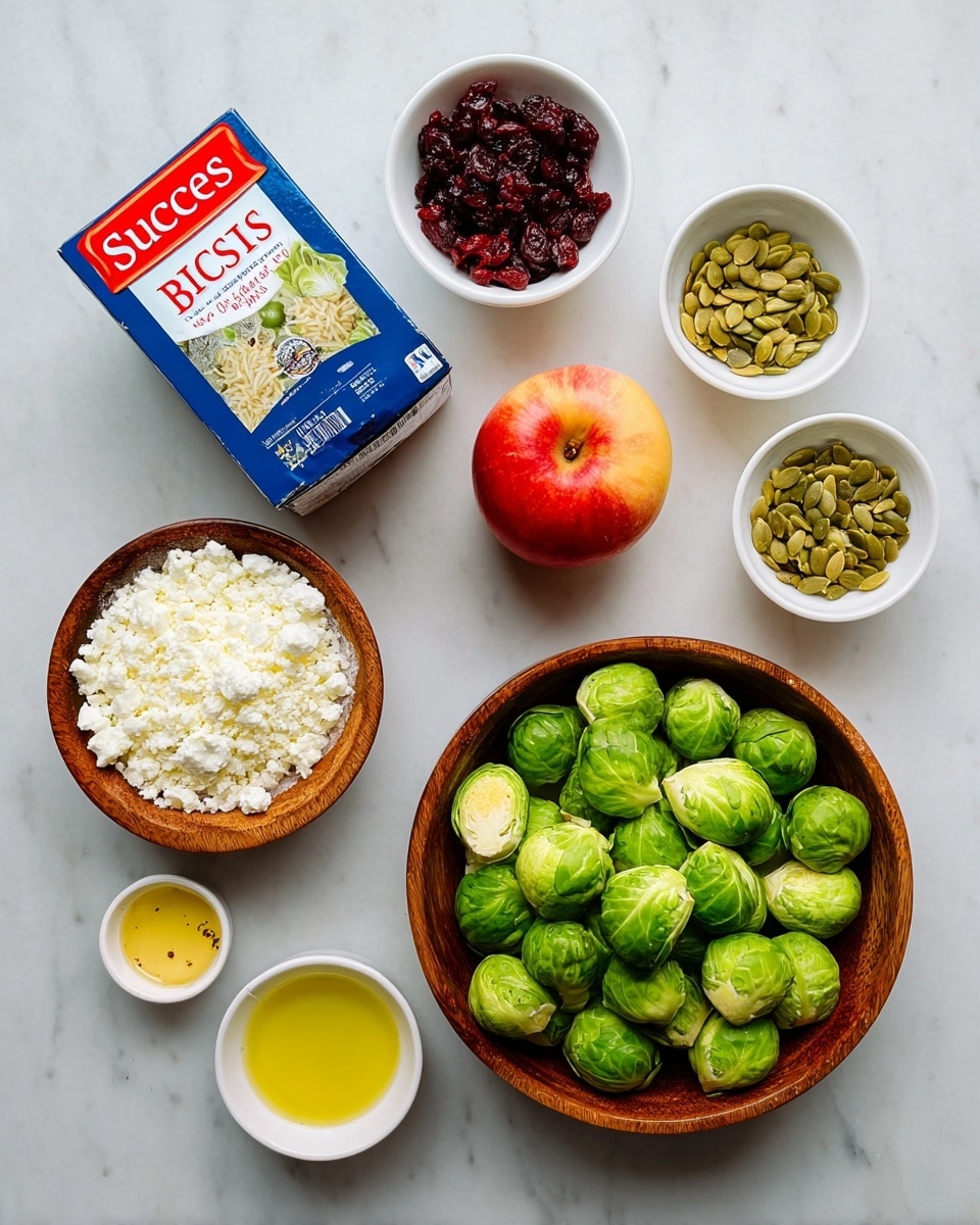 The image shows ingredients arranged neatly on a white marbled surface. In the center bottom, there is a brown wooden bowl filled with bright green Brussels sprouts. Above it, slightly to the left, a similar wooden bowl holds white crumbly cheese. To the left edge, a bright blue and red box of Success Basmati white rice stands upright. Above the rice box are three small bowls: the top left has dried dark red cranberries, the top middle contains light green pumpkin seeds, and the top right is empty. To the right of the cheese bowl sits a red and yellow apple. Below the apple are three small white bowls placed vertically: the top bowl has a yellow mustard-like sauce, the middle bowl holds golden oil, and the bottom one contains a pale liquid, possibly vinegar. The overall layout is clean and bright, with a fresh and healthy feel photo taken with an iphone --ar 4:5 --v 7