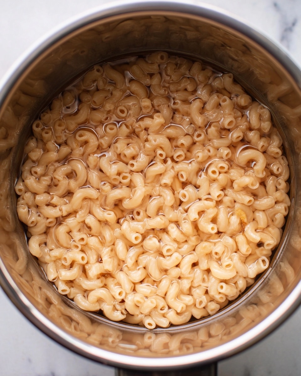 The image shows a shiny stainless steel pot filled with elbow macaroni pasta that is soaking in clear water. The pasta is small, curved, and light beige in color, spread evenly inside the pot with water covering it just enough to submerge the macaroni. The inner surface of the pot reflects the pasta and water softly. The background has a white marbled texture. photo taken with an iphone --ar 4:5 --v 7