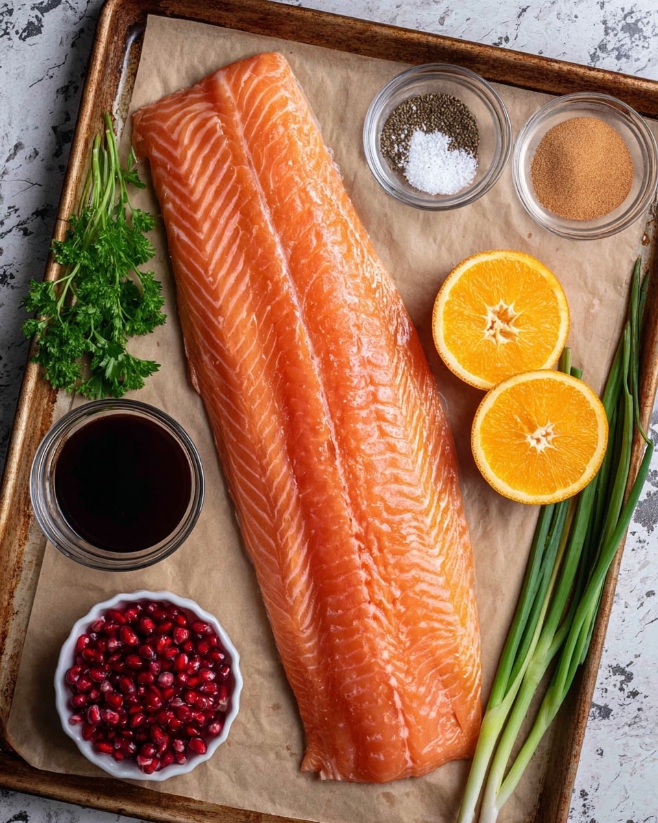 A large, fresh salmon fillet with a smooth orange-pink color and detailed white lines runs across a parchment-lined baking tray. Around the salmon, there are clear glass bowls holding dark brown liquid, light brown sugar, and a mix of black pepper and white salt. Two vibrant green onions lie to the top right of the tray. Two bright orange halves rest on the bottom left of the salmon. Fresh green parsley sits at the bottom left corner, and a small white bowl filled with shiny red pomegranate seeds is placed at the bottom right corner. The tray is on a white marbled textured surface. photo taken with an iphone --ar 4:5 --v 7