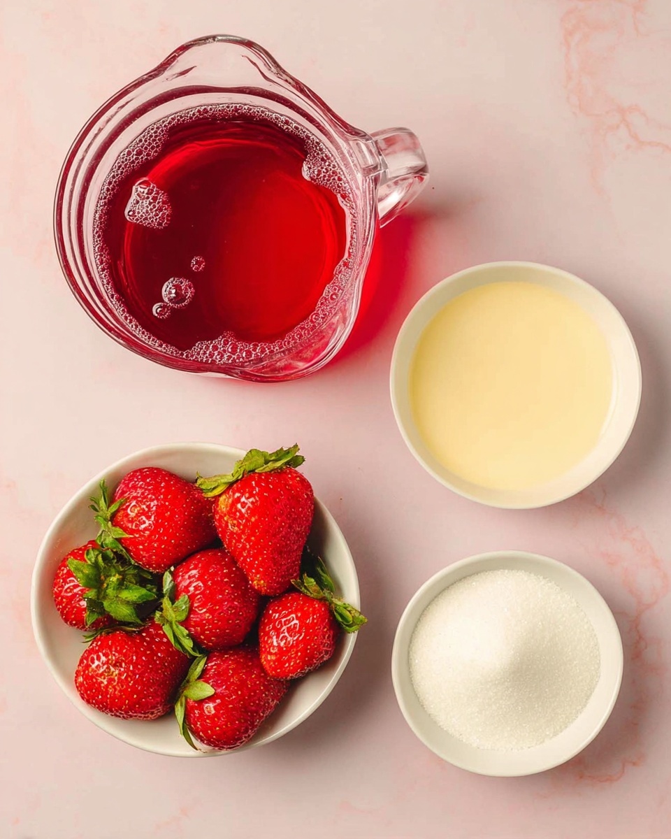 A clear glass pitcher filled with bright red liquid is at the top left of the image, showing bubbles on the surface and inside. To the top right, a white bowl holds a smooth, pale yellow powder. Below the pitcher, a white bowl is filled with vibrant, fresh red strawberries with green leaves on top. To the right of the strawberries, a white bowl is filled almost to the brim with white granulated sugar. All bowls and the pitcher rest on a soft pink surface with a white marbled texture in the background. photo taken with an iphone --ar 4:5 --v 7