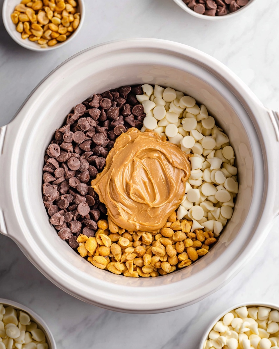 A white ceramic slow cooker pot shows four layers inside: dark brown chocolate chips fill the left side, white chocolate chips fill the right side, golden roasted peanuts sit at the bottom, and a large dollop of smooth, light brown peanut butter rests on top in the center, slightly covering the chocolate chips and peanuts around it. The pot is placed on a white marbled surface, and there are small white bowls with similar white chocolate chips around it. Photo taken with an iphone --ar 4:5 --v 7