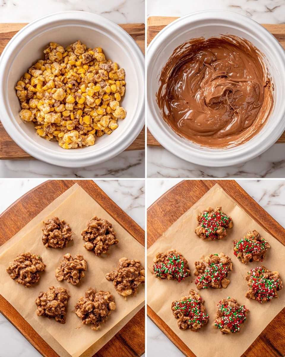 The first image shows a white bowl filled with a mixture of yellow corn clusters and bits of chocolate, with some parts still unmixed, giving a rough texture. The second image captures the same white bowl now filled with a smooth, thick chocolate blend mixed evenly with nuts or clusters, showing a shiny, creamy brown surface. The third image shows several small clusters of the chocolate mix placed spaced out on a sheet of light brown parchment paper on a wooden board with a scoop of chocolate at the edge. The fourth image displays the same clusters on parchment paper but now decorated with red and green sprinkles, adding a festive touch, all set on a wooden board with a white marbled background. Photo taken with an iphone --ar 4:5 --v 7
