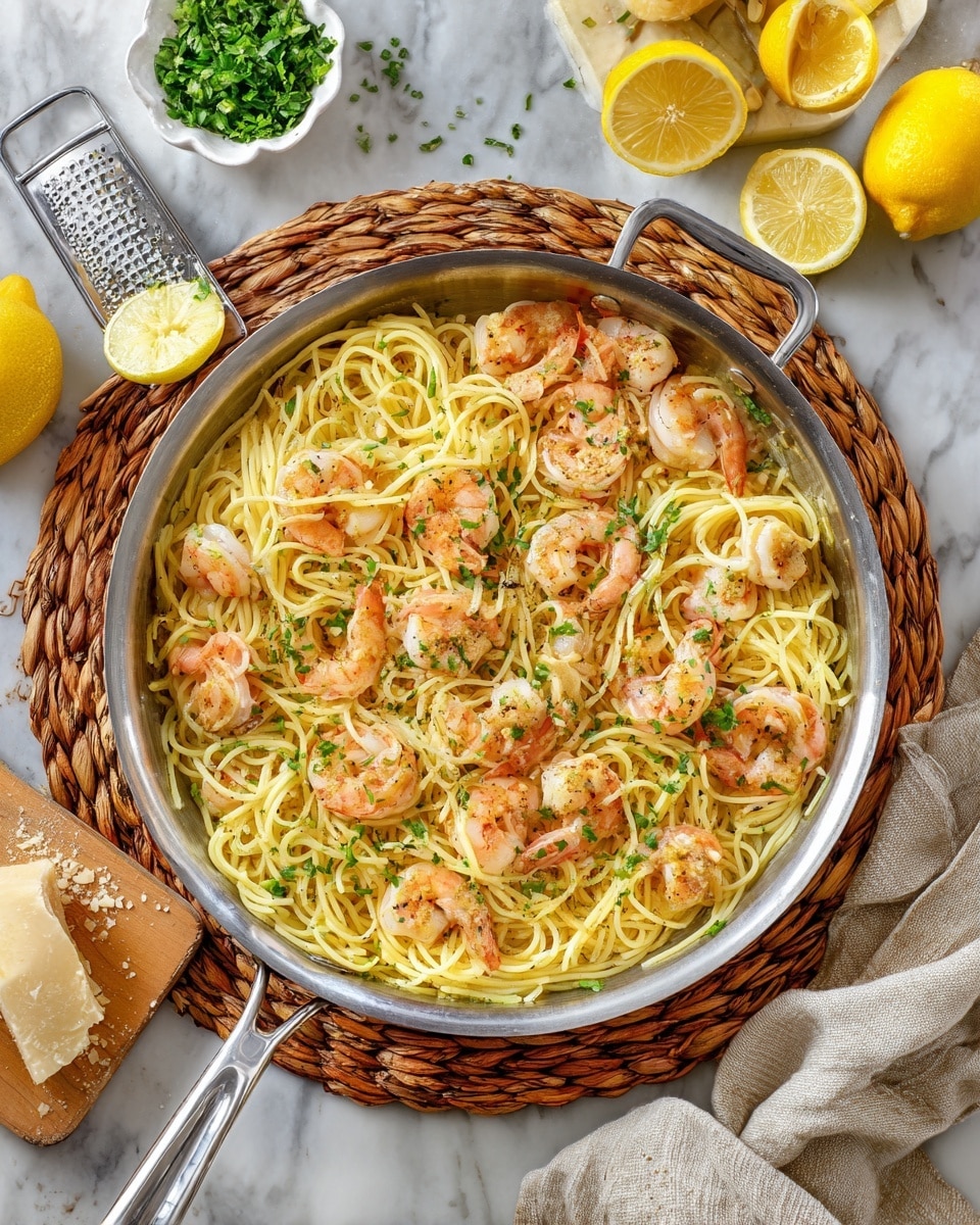 The image shows two white plates and one white bowl filled with shrimp pasta. Each plate has a base layer of light yellow pasta topped with several pink-orange cooked shrimp scattered on top. The shrimp are mixed with finely chopped green herbs sprinkled over the dish. Grated cheese is lightly sprinkled on the pasta, adding a textured white layer. The larger white bowl, placed on a woven mat, is heaped with more shrimp pasta, with a silver fork inside. The background is a warm wooden table with a halved lemon, grated cheese, and a small bowl of chopped herbs on the sides. The scene has a cozy, rustic feel with soft natural lighting. photo taken with an iphone --ar 4:5 --v 7