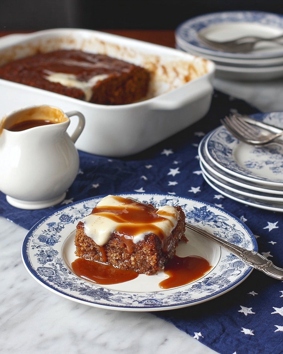 A white rectangular tray holds a single thick layer of brown spongy cake with small holes on its uneven surface. Dark brown syrup is being poured from a white jug, held by a woman's hand, forming a shiny pool in the center of the cake’s top. The tray rests on a white marbled surface with a dark cloth featuring white stars partially visible. Photo taken with an iphone --ar 4:5 --v 7