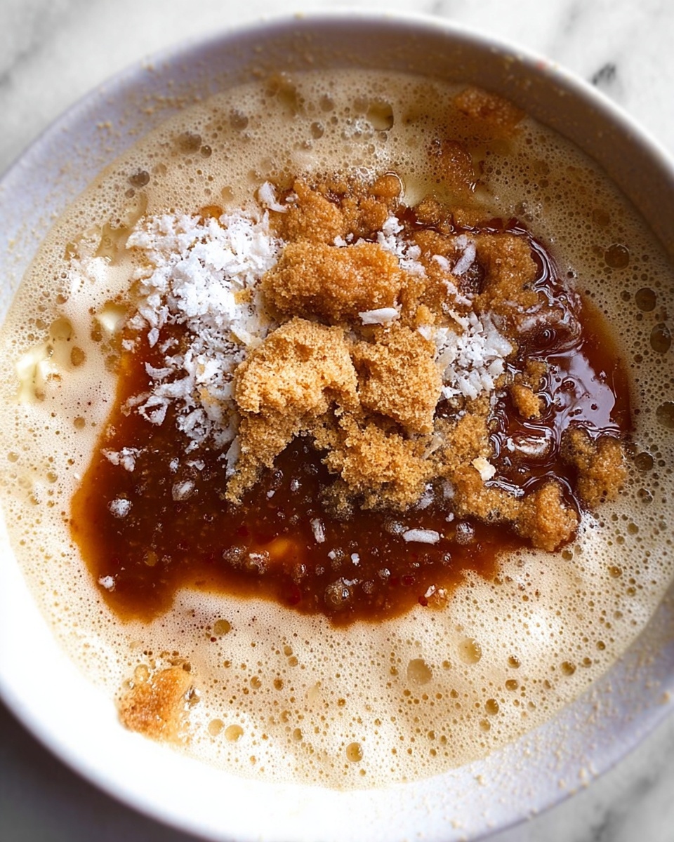 In a shallow white bowl, there is a frothy, light beige liquid forming the base layer with bubbles around the edges. On top of this pool, there is a dark caramel-colored syrup spread unevenly in the middle. Over the syrup, there are small clumps of light brown powder sprinkled along with coarse white flakes scattered on top. The textures contrast between the smooth liquid, sticky syrup, and rough powdery and flaky toppings. The image shows a close-up view on a white marbled surface. Photo taken with an iphone --ar 4:5 --v 7