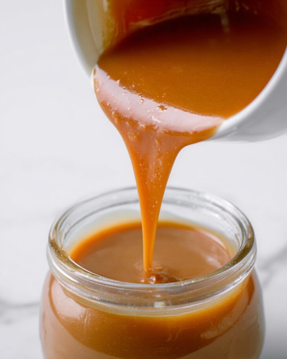A smooth, thick caramel-colored sauce is flowing from a white bowl into a clear glass jar. The sauce has a shiny, glossy texture and looks rich and creamy. The background is a white marbled surface, bright and clean, highlighting the warm color of the sauce as it pours slowly into the jar below. Photo taken with an iphone --ar 4:5 --v 7