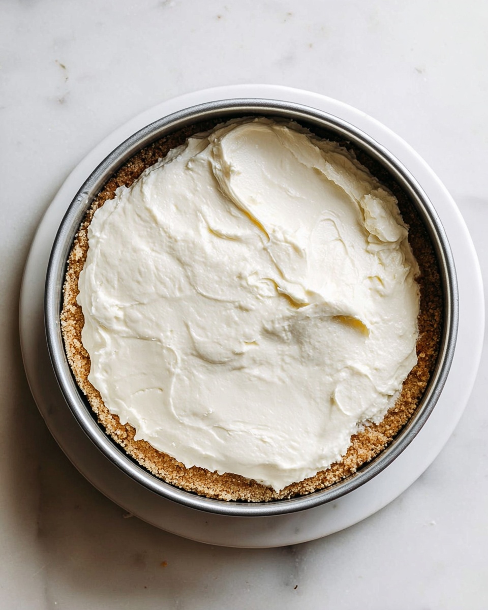 Honey and Yogurt Cheesecake Recipe 4 The image shows a round dessert with two layers inside a metal springform pan. The bottom layer is a crumbly, light brown crust. The top layer is a thick, white creamy mixture spread unevenly over the crust. The pan is placed on a white plate with a white marbled surface underneath. photo taken with an iphone --ar 4:5 --v 7