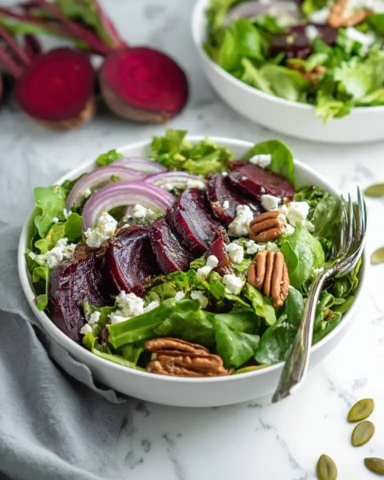 Spinach Beet Salad with Roast Beets, Goat Cheese, and Toasted Pecans Recipe