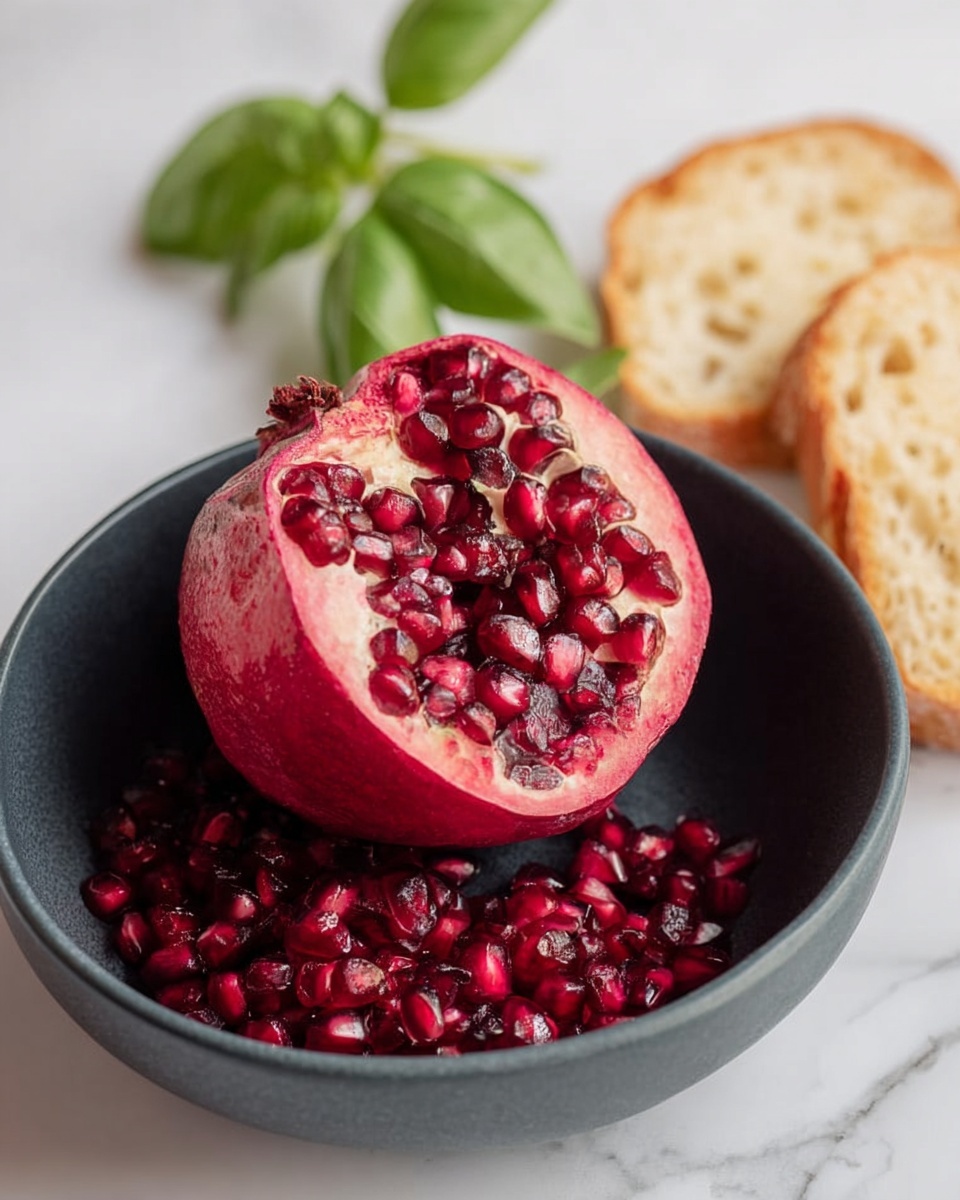 The image shows several small pieces of toasted bread arranged on a white plate with a white marbled surface underneath. Each piece has three visible layers: the bottom layer is a golden-brown toasted bread slice with a crisp texture, the middle layer is a light creamy spread, and the top layer is a mix of dark red and purple diced vegetables, possibly beets, with small red pomegranate seeds scattered around. Each piece is topped with a small fresh green basil leaf. Some of the pieces are drizzled lightly with a dark balsamic-like sauce. The photo taken with an iphone --ar 4:5 --v 7