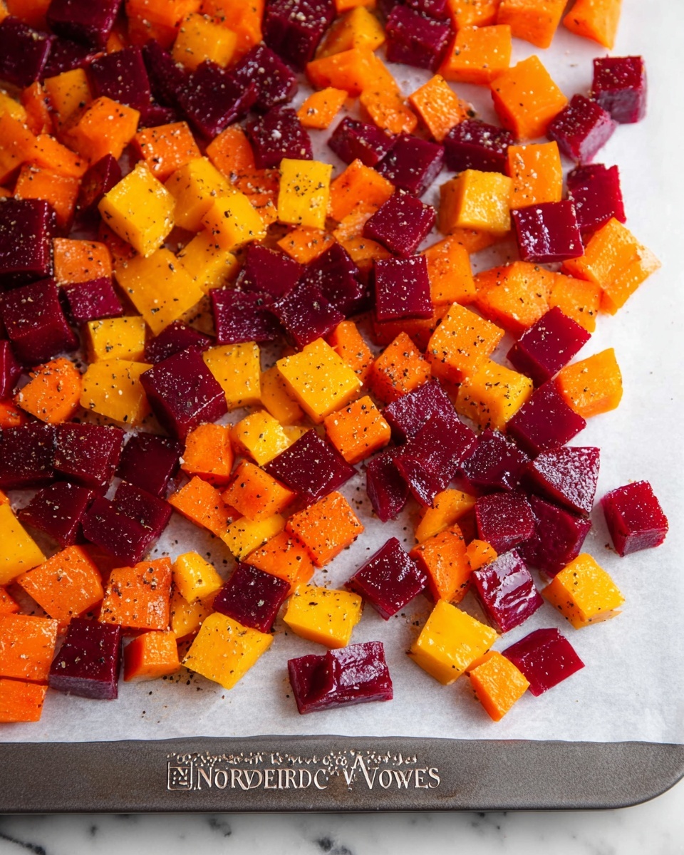 The image shows small, even cubes of bright orange and deep red vegetables spread out on white parchment paper. The cubes are shiny, suggesting they are coated with oil, and lightly seasoned with black pepper. The background is a white marbled surface, with a metal baking tray edge visible at the bottom showing the brand