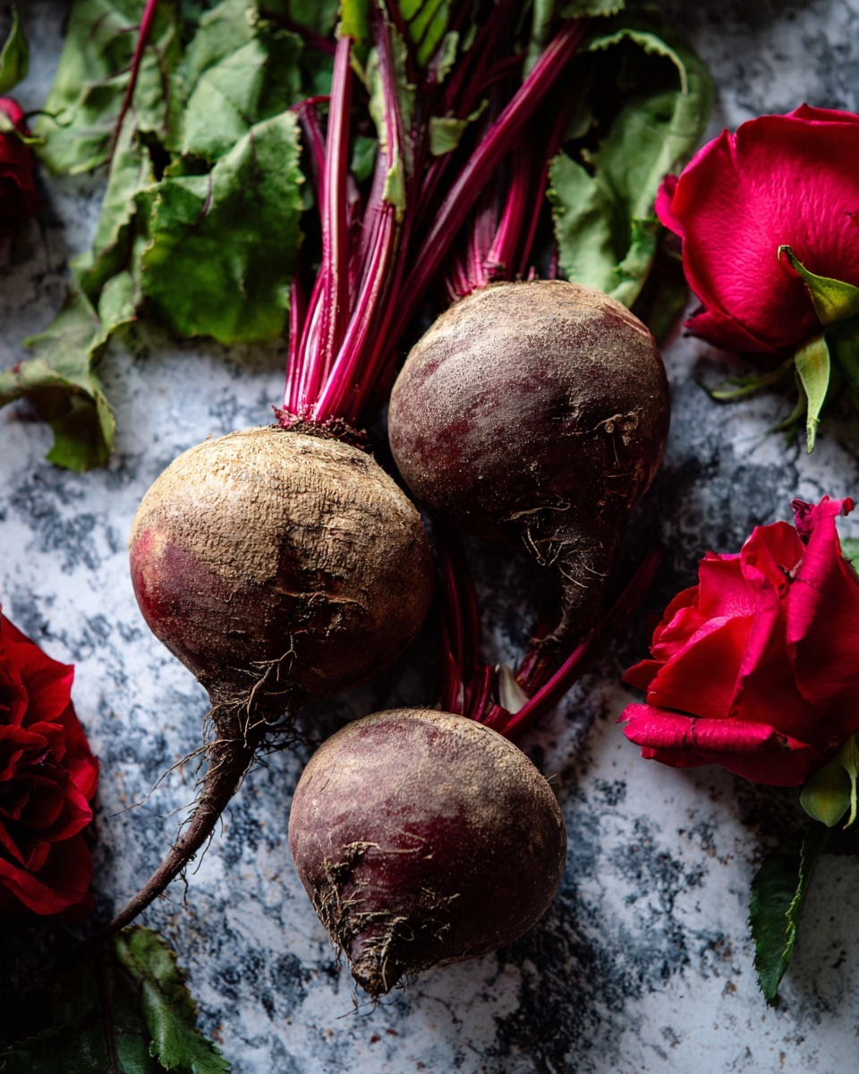 The image shows three round beets with rough, dirt-covered skins and deep purple-red stems and leaves, placed on a dark, rough-textured background with green leaves and three bright red roses with green leaves scattered around them. The beets have stems and a few root tails visible, with the roses positioned to the right, adding contrast with their vivid red petals. The whole scene is set on a white marbled textured surface. photo taken with an iphone --ar 4:5 --v 7