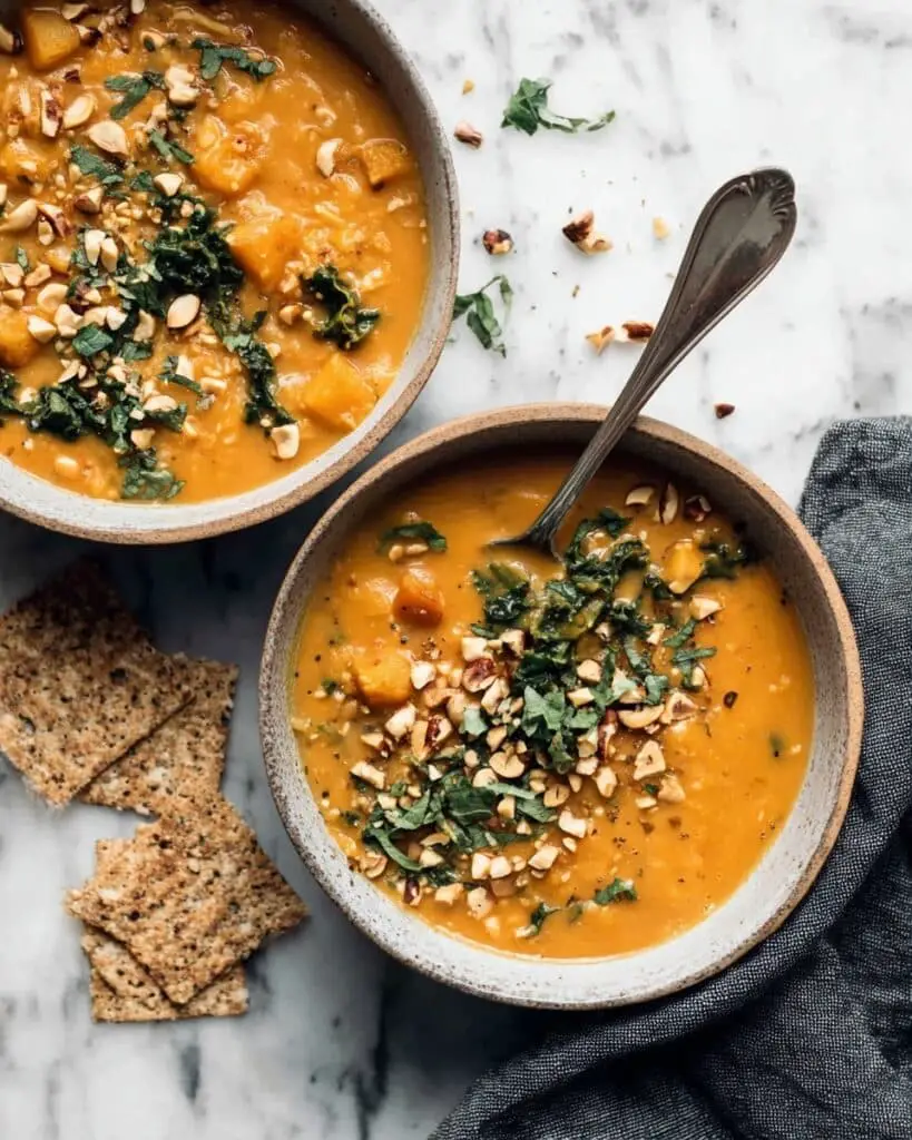 Spicy Peanut Soup with Sweet Potato and Kale Recipe