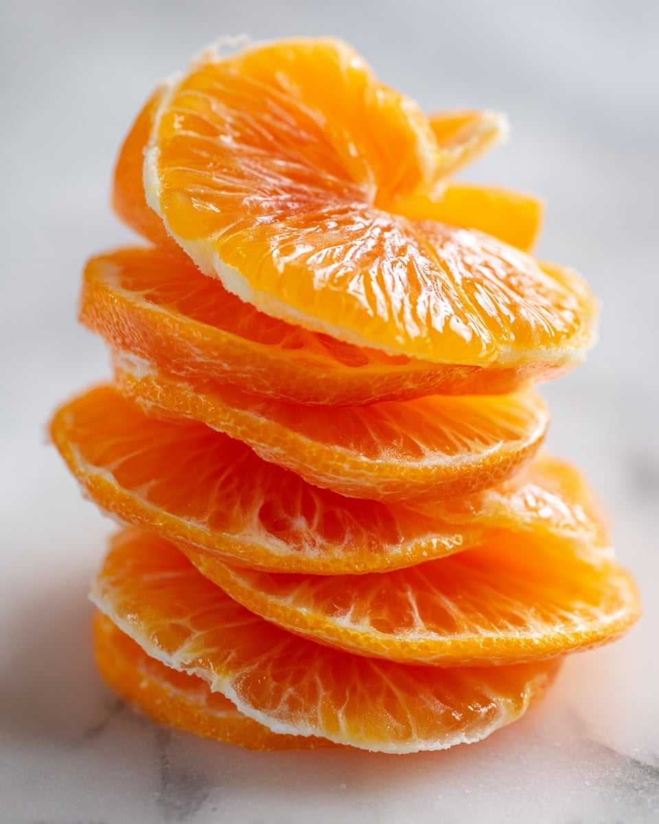 This is a close-up photo of a stack of peeled orange slices placed directly on a white marbled surface. The stack has six layers, each showing the bright, juicy, and slightly translucent orange flesh with some white pith edges visible between the slices. The texture looks moist and fresh, with the light reflecting off the shiny, wet surface of the orange segments. The colors range from light orange to deeper reddish-orange, and the layers are uneven, giving a natural look to the pile. photo taken with an iphone --ar 4:5 --v 7