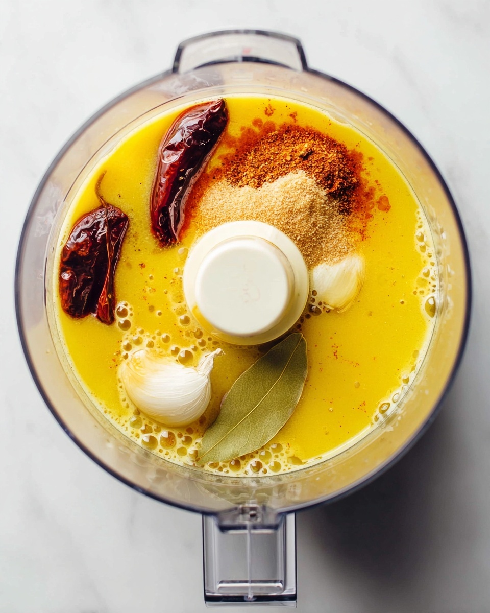 A top-down view of a food processor bowl filled with several layers of ingredients. The largest layer is a bright yellow liquid covering most of the bowl, with small bubbles visible on the surface. On one side, there are two dark red dried chili peppers immersed in a reddish-brown oil layer. Next to the chilies, a small pile of light brown granulated substance rests on the surface. Near the center, a single small white garlic clove and a green bay leaf lie partially covered by the yellow liquid. The bowl is clear with a central white blade in the middle, and it sits on a white marbled surface. Photo taken with an iphone --ar 4:5 --v 7