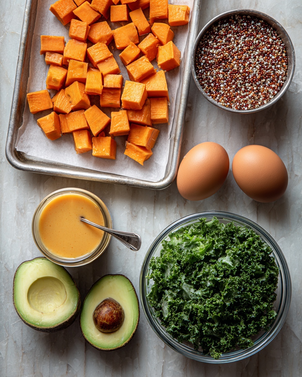 The image shows a white marbled surface with several fresh ingredients arranged neatly. On the left, there is a silver baking tray lined with parchment paper, holding many small, bright orange cubes of sweet potato spread evenly. To the right of the tray, a metal cup filled with a mix of white, red, and black quinoa sits next to two brown eggs placed side by side. Beside the eggs, there is a clear glass jar with a metal spoon inside, filled with a smooth, light orange sauce or dressing. Below the jar, two halves of a ripe avocado are displayed, one with the large seed still inside and the other hollowed out. At the bottom right corner of the image, a transparent glass bowl is filled with finely chopped dark green kale leaves. The photo taken with an iphone --ar 4:5 --v 7