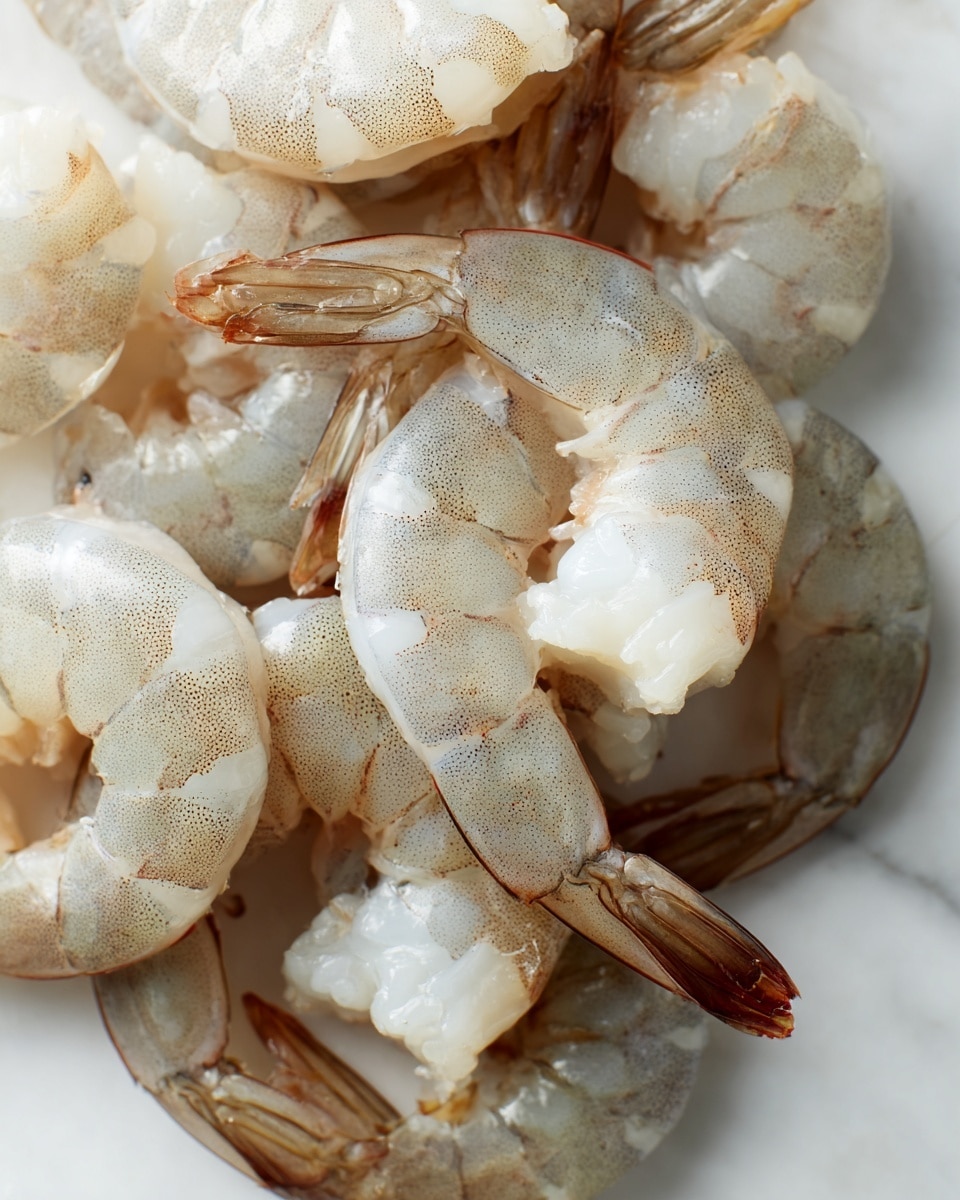 A close-up view of several raw shrimp piled together, showing their translucent grey and white shells with subtle patterns and slightly shiny flesh. The shrimp have a curled shape, with some tails still attached, showing a brownish tint at the ends. The texture looks smooth and moist, with clear layers of the shell and meat visible. The shrimp are placed on a white marbled surface, enhancing their fresh and natural appearance. Photo taken with an iphone --ar 4:5 --v 7