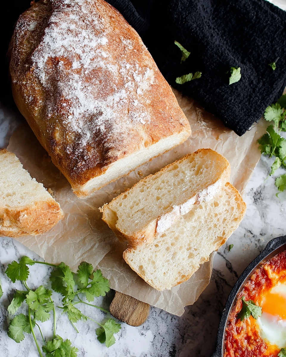 A loaf of bread with a golden-brown crust dusted with white flour rests partly on a black cloth, close to the top of the image. Below it, there are three thick slices of bread with a light airy texture and a pale tan color, placed on cream-colored parchment paper. One smaller piece sits separately at the bottom left. Bright green cilantro leaves with thin stems are spread around the bottom right corner. Part of a black pan with a cooked egg and red sauce is visible at the bottom right corner. All items are set on a white marbled textured surface photo taken with an iphone --ar 4:5 --v 7