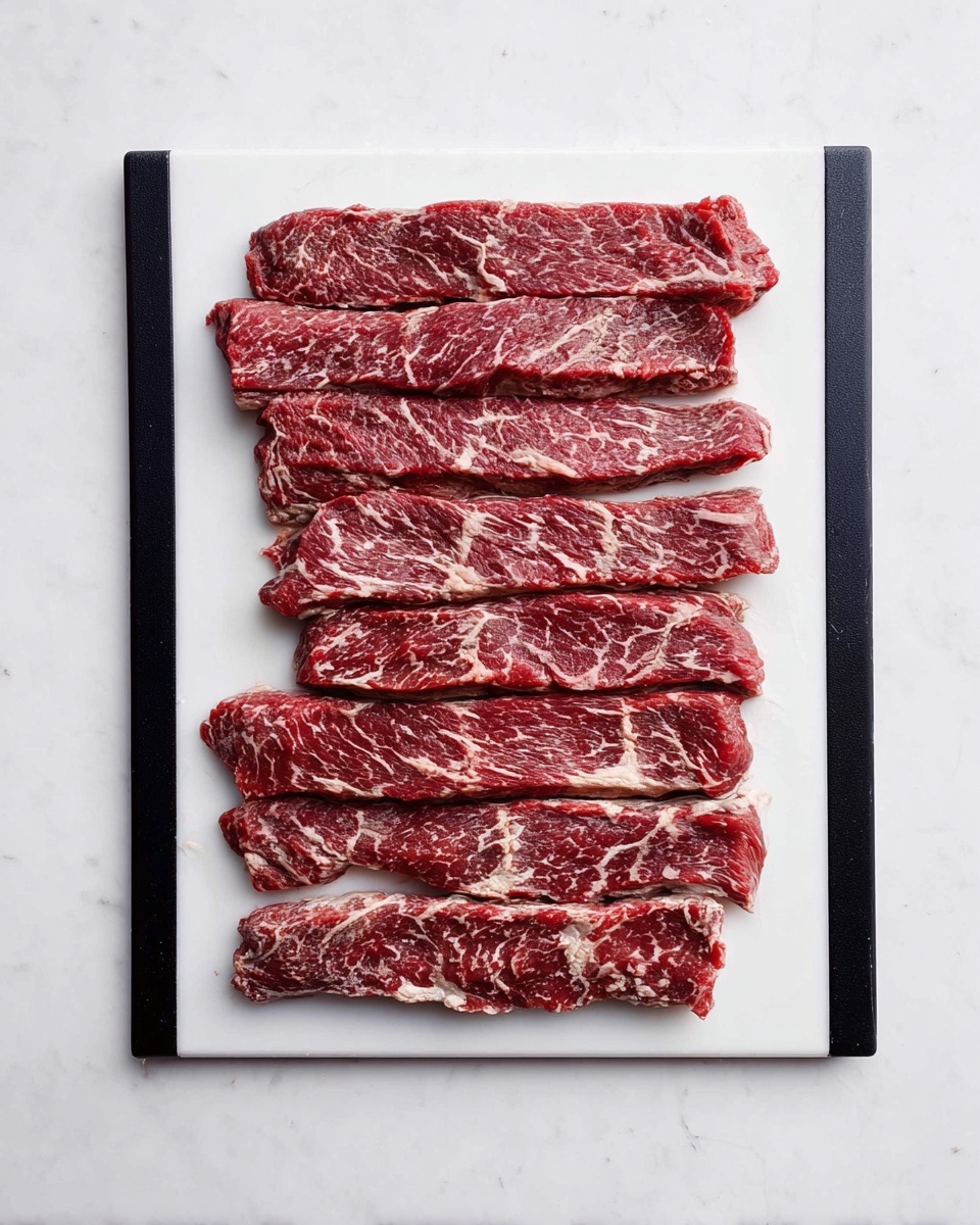 The image shows seven long strips of raw beef placed in a single layer on a white cutting board with black edges, arranged neatly in parallel from top to bottom. Each strip has a marbled texture of red meat with white fat streaks, giving a mix of deep red and creamy white colors. The cutting board sits on a white marbled surface, and the photo is taken from above, clearly showing the lengths and details of the meat strips. photo taken with an iphone --ar 4:5 --v 7