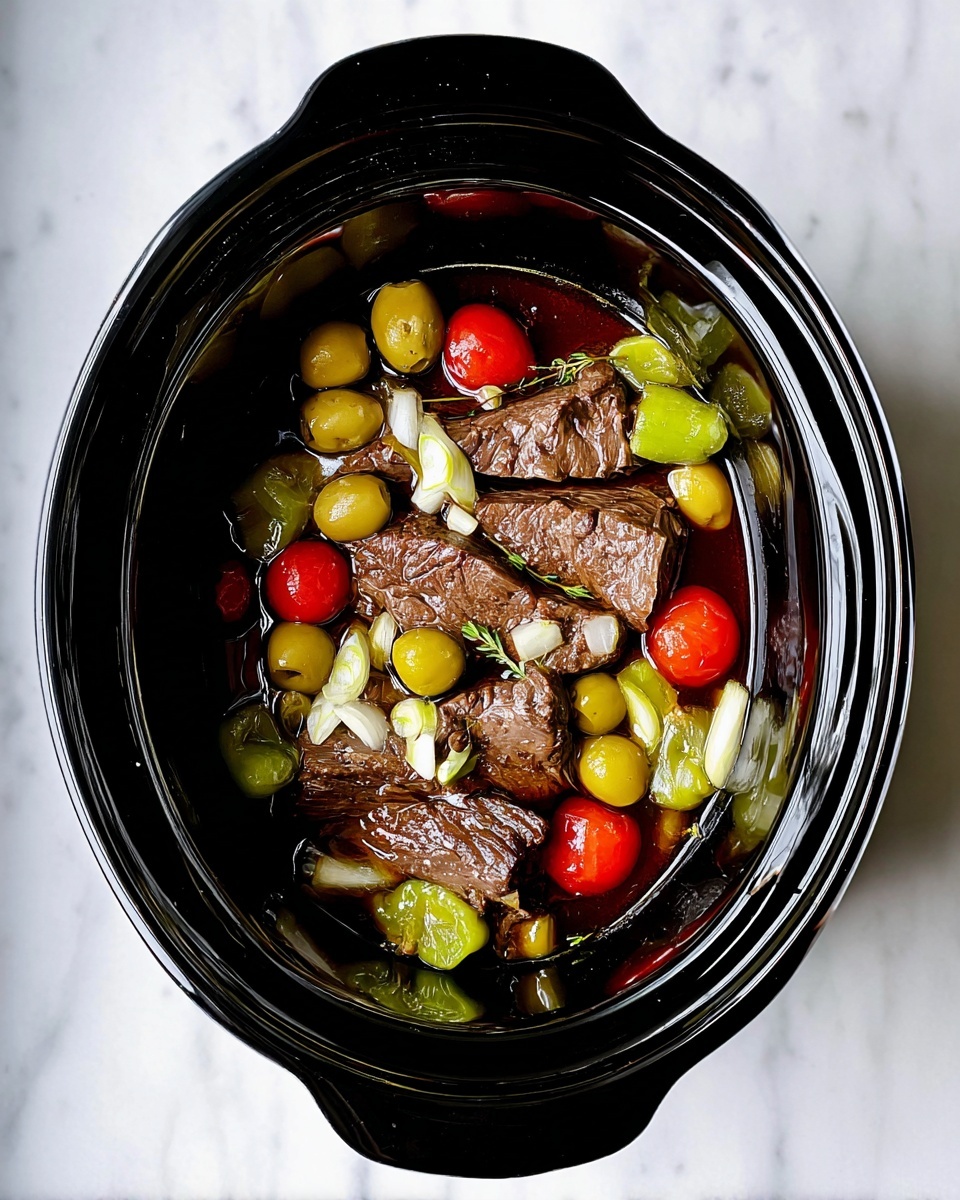 Inside a black slow cooker, there are three pieces of cooked brown meat layered at the bottom, with a dark broth surrounding them. On top of the meat and broth, there are whole light green peppers, small red cherry tomatoes, halved green olives, and rough chopped white onions scattered evenly. The slow cooker sits on a white marbled surface and the photo is taken from above. photo taken with an iphone --ar 4:5 --v 7