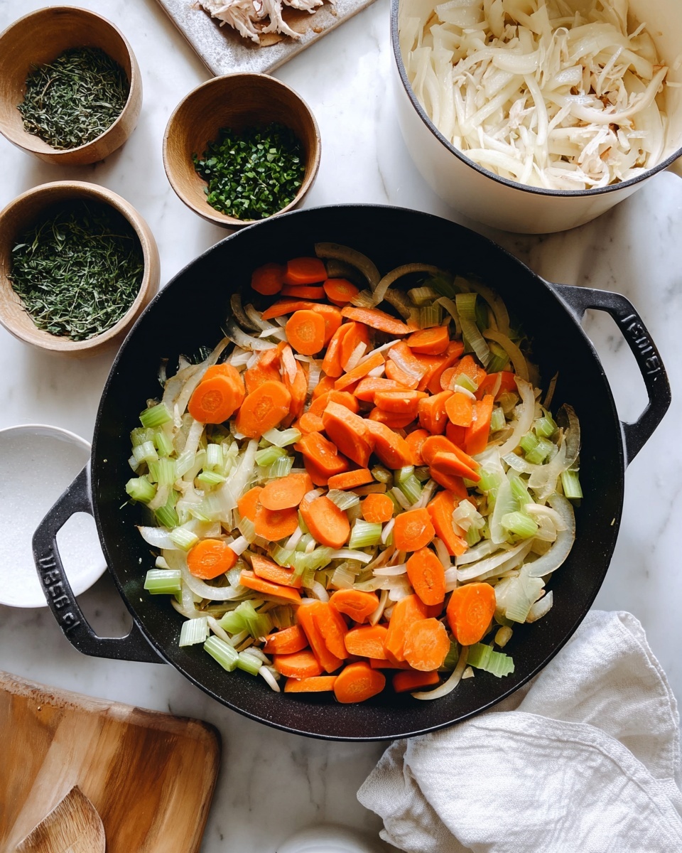 A black pan filled with a creamy white sauce base holds shredded pieces of light beige chicken. On top, thinly sliced bright orange carrot rounds and pale translucent onion slices are scattered. A heap of small, round green peas sits in the center, surrounded by finely chopped dark green herbs sprinkled over the whole dish. The pan rests on a white marbled surface with a textured white cloth partly visible underneath. Steam gently rises from the dish showing it is hot photo taken with an iphone --ar 4:5 --v 7
