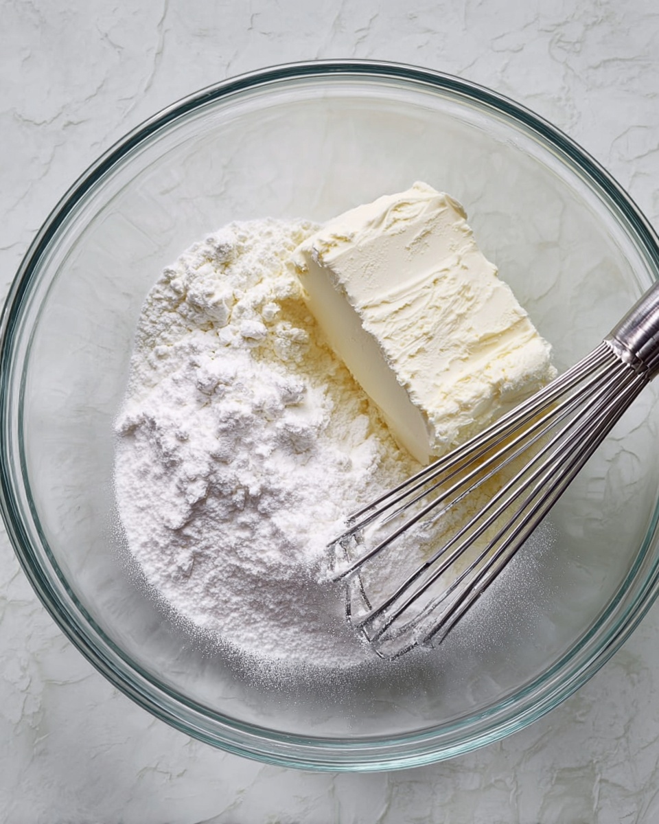 A clear glass bowl with one large block of creamy white cream cheese on the right side and a heap of fine white powdered sugar beside it on the left. Two shiny metal beaters rest inside the bowl on the right, touching the cream cheese and sugar. The bowl sits on a white marbled surface, creating a clean and simple setting. Photo taken with an iphone --ar 4:5 --v 7