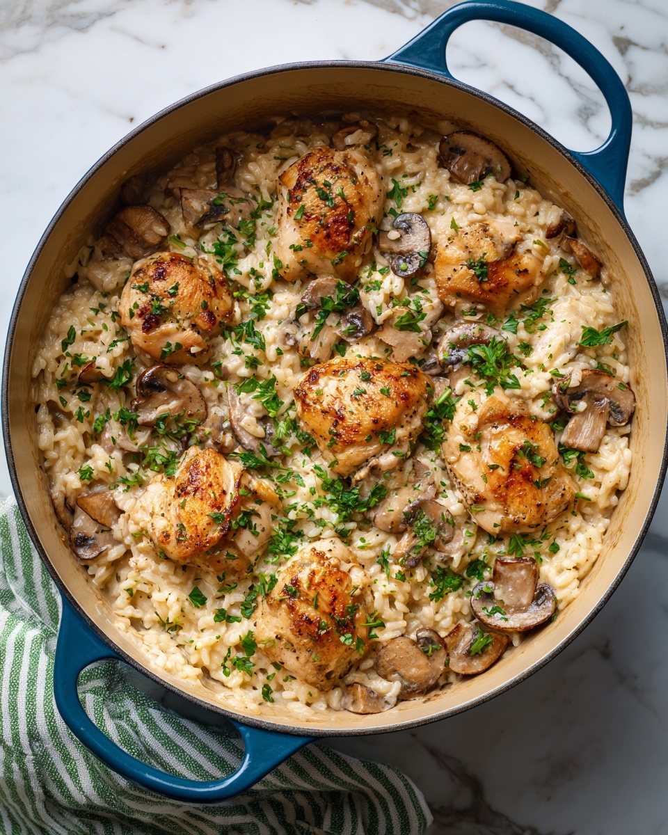 The image shows a close-up of a white bowl filled with creamy risotto mixed with small pieces of cooked mushrooms, giving a light brown and beige texture. On top is a single piece of cooked chicken, golden-brown with black pepper sprinkled on it. The dish is garnished with thin, white cheese shreds and small green parsley leaves scattered over the top. A silver spoon rests inside the bowl on the right side. The bowl is placed on a white marbled surface with part of a green and white striped cloth visible in the background. photo taken with an iphone --ar 4:5 --v 7
