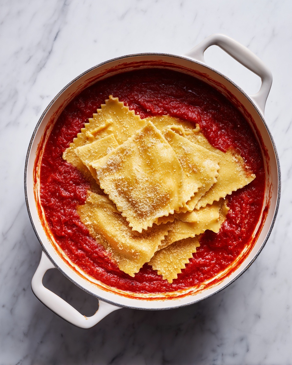 A white pot with two side handles sits on a white marbled surface. Inside the pot, there is a base layer of red sauce, spread unevenly along the sides and bottom. On top of the sauce, there are several pieces of uncooked yellow lasagna pasta placed flat, overlapping slightly and covering the sauce. The edges of the pasta sheets are wavy, and some scraps are scattered around the pot's edge. The photo focuses from above, showing the simple layered ingredients clearly. photo taken with an iphone --ar 4:5 --v 7