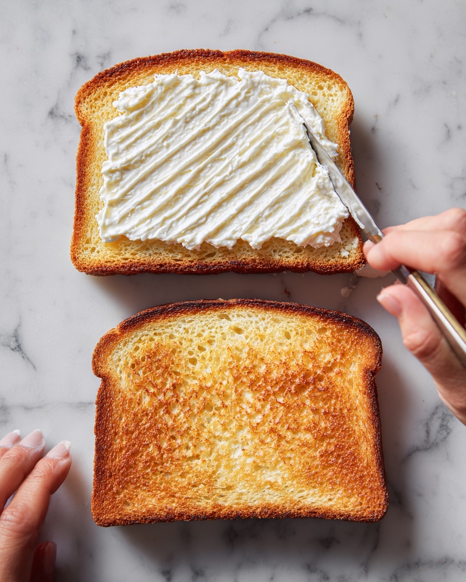 Two slices of bread with a golden brown crust and light, airy inside are placed on a white marbled surface. One slice is in the top right corner with zigzag lines of white creamy sauce on its rough textured surface. The other slice is near the center, spreading the same white creamy sauce with a metal butter knife held by a woman's hand. The knife is smoothing the sauce across the porous bread surface, creating a thin, even layer with some thicker spots. The scene is bright and clear. photo taken with an iphone --ar 4:5 --v 7