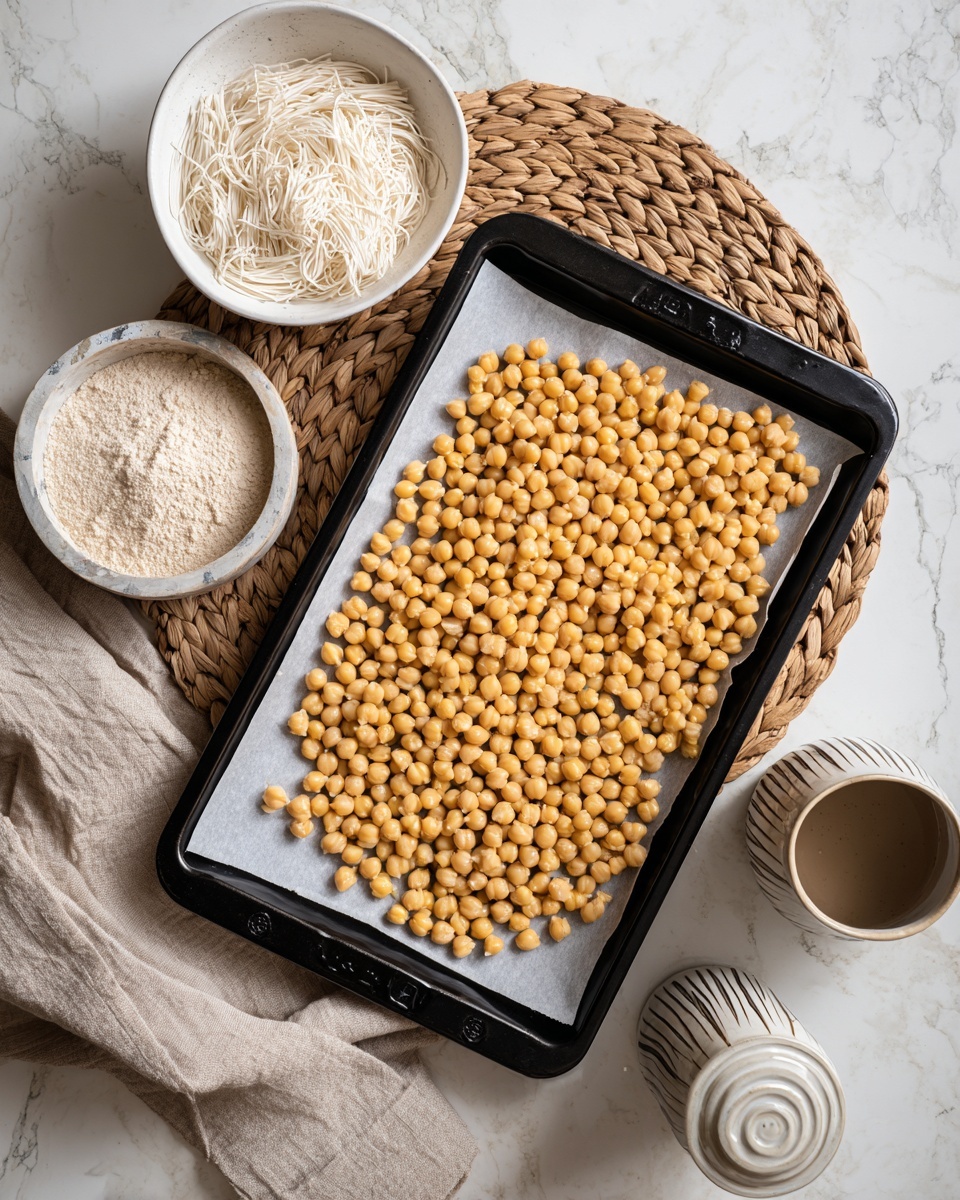A tray filled with many small, round, golden chickpeas spread evenly on white parchment paper, sitting on a black baking sheet. The baking sheet rests on a white marbled surface with woven matting visible around the edges. To the top left, there is a white bowl containing thin, white rice noodles, and above the tray, there is a small white bowl with a light beige powder. To the top right, part of a small white cup with a dark liquid inside is visible. photo taken with an iphone --ar 4:5 --v 7