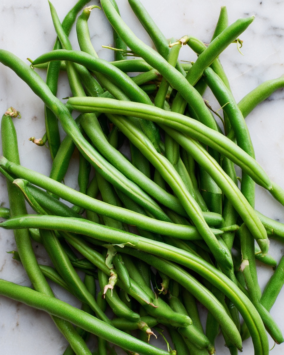 A beige ceramic plate filled with a single layer of cooked green beans, showing a slight shine from oil and seasoned with black pepper and small bits of garlic or spices, held by two woman's hands on a white marbled surface. photo taken with an iphone --ar 4:5 --v 7