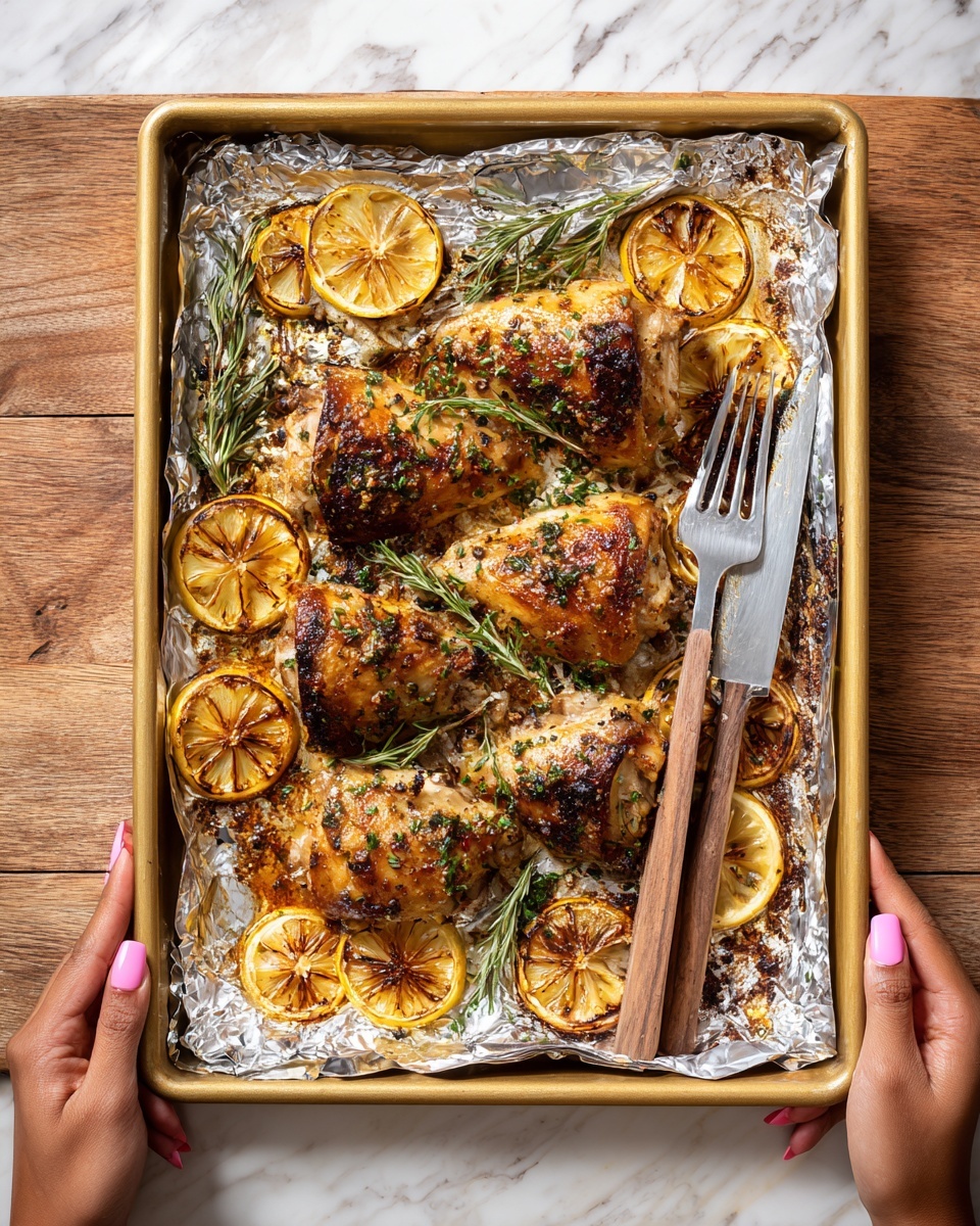 A rectangular baking tray lined with crinkled silver foil holds three cooked pieces of meat coated with dark green herbs, each piece spaced evenly in a vertical row. Around the meat are four round lemon slices, some browned and slightly charred on the edges. A fork and a knife with wooden handles rest inside the tray on the upper right side. Two woman's hands hold the tray on the bottom left and right corners. The tray is set on a wooden surface. photo taken with an iphone --ar 4:5 --v 7