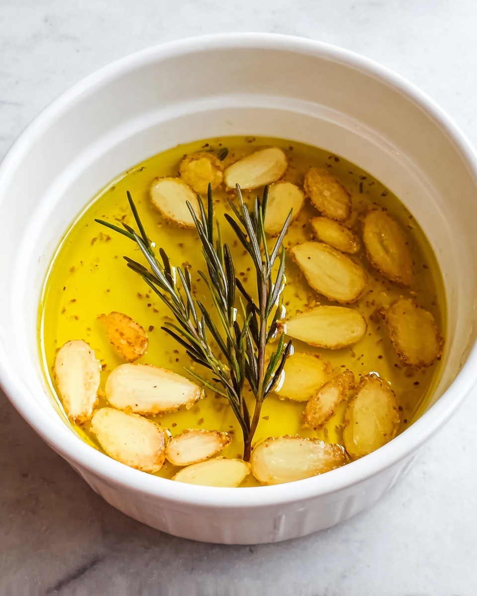 A white bowl filled with a layer of golden olive oil that covers thinly sliced garlic pieces, which are light golden brown and slightly crisp around the edges. Among the garlic slices, two small sprigs of fresh rosemary rest, with dark green needle-like leaves partially submerged in the oil. The bowl sits on a white marbled surface with subtle grey veins visible. The lighting softly highlights the shiny texture of the oil and the gentle bubbles around the garlic slices photo taken with an iphone --ar 4:5 --v 7