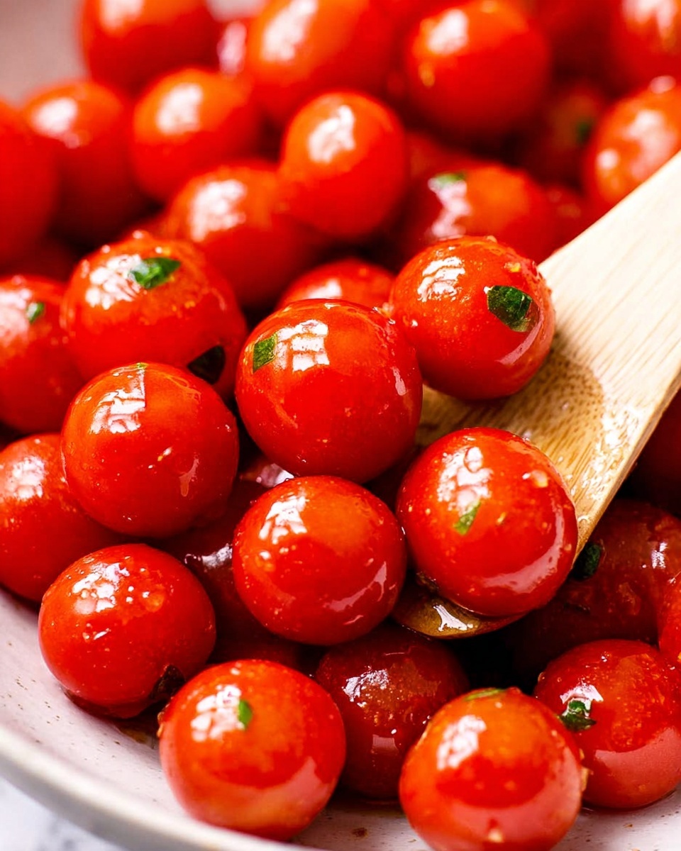 A close-up image showing many bright red cherry tomatoes with a shiny, wet surface. Some tomatoes have small green herb bits on them, giving a fresh look. A light wooden spatula is lifting a tomato from the center right, its smooth texture visible. The tomatoes are in a white bowl placed on a white marbled surface. The photo focuses sharply on the tomatoes in the middle, making their round shape and glossy skin stand out. photo taken with an iphone --ar 4:5 --v 7