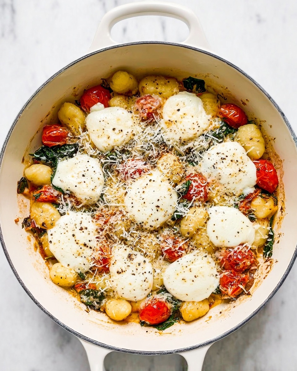 In a white pot with a handle on the left, there is a dish of small round gnocchi mixed with halved cherry tomatoes and spinach leaves, creating red and green color spots all over the golden gnocchi base. On top, seven dollops of soft white melted cheese are spread evenly, with a light sprinkling of grated cheese and black pepper scattered across the whole dish. The pot sits on a white marbled surface. photo taken with an iphone --ar 4:5 --v 7