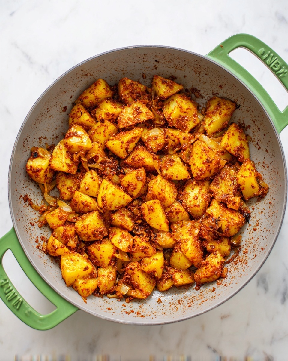 The image shows a gray pan with green handles filled with cooked potato pieces. The potatoes are cut into chunky, uneven shapes and coated with a reddish-brown spice mix and small bits of cooked onion. The potatoes look soft and well mixed with the spices, giving an overall warm orange-yellow and brown color inside the pan. The pan sits on a white marbled surface. Photo taken with an iphone --ar 4:5 --v 7