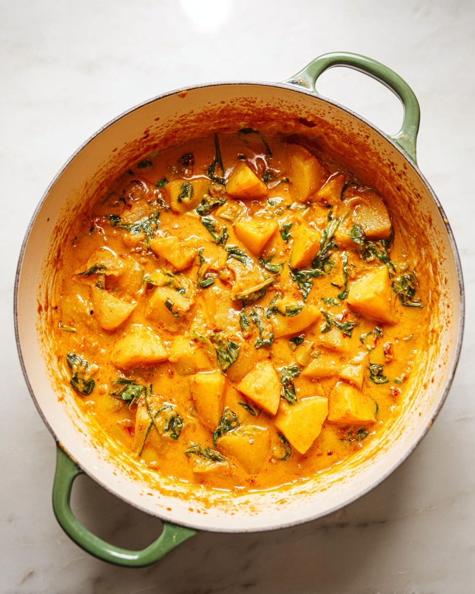 A white pot with a green handle is filled with a thick orange curry sauce that covers many chunks of soft potatoes. There are visible green leafy herbs mixed evenly throughout the creamy sauce, giving it a fresh look. The sauce has a smooth texture with a few small lumps of spices, and the pot sits on a white marbled surface. The edges of the pot display some sauce splatters, showing it was just cooked. photo taken with an iphone --ar 4:5 --v 7
