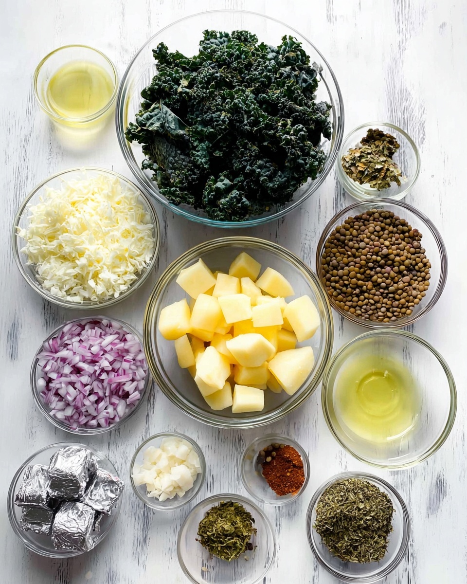 A set of clear glass bowls is arranged on a white marbled texture surface, each containing different ingredients. The largest bowl at the top center holds dark green curly kale leaves. Below it, a slightly smaller bowl contains pale yellow potato cubes. To the right of the potatoes, there is a bowl filled with small brown lentils. Surrounding these main bowls are smaller bowls with finely chopped purple onions, white shredded cheese, white minced garlic, a pale yellow liquid oil, a small amount of white creamy liquid, and greenish-yellow spice cubes wrapped partially in silver foil. There are also tiny bowls with a mix of ground spices in red, black, and green shades, and some fennel seeds. The overall arrangement is neat and organized, emphasizing the variety of colors and textures. photo taken with an iphone --ar 4:5 --v 7