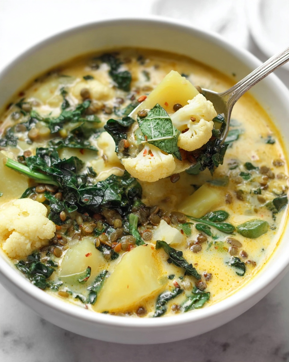 A white bowl is filled with a creamy yellow soup that has a mix of layers and textures. The soup contains chunks of light yellow potatoes, soft cauliflower pieces, dark green kale leaves, and small brown lentils scattered throughout. Some fresh bright green herb leaves float on top, adding a fresh look. A spoon holds a scoop of soup above the bowl, showing the layers of potato, kale, cauliflower, and lentils clearly. The scene sits on a white marbled surface. Photo taken with an iphone --ar 4:5 --v 7