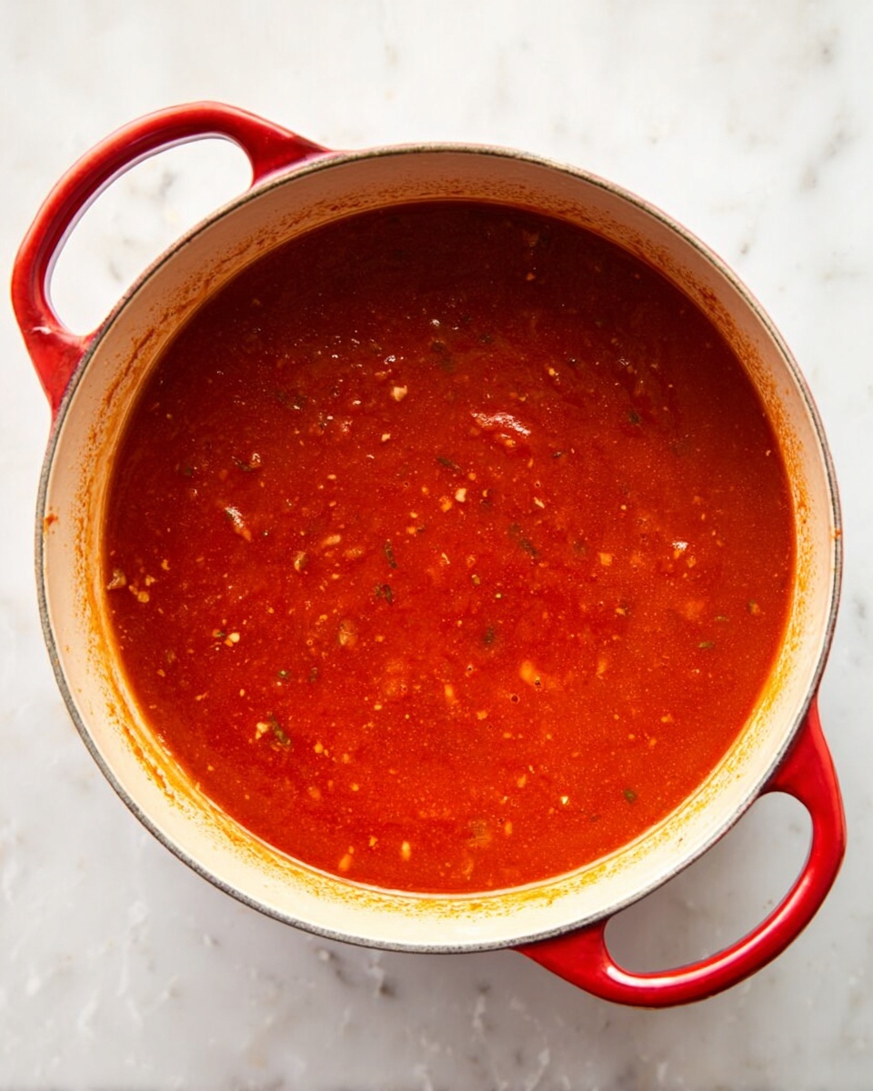 A red pot with two handles is filled with a thick red tomato sauce. The sauce has visible small bits of herbs and tiny pieces of onion or garlic mixed inside. The inside of the pot is cream-colored with some sauce stains near the edges. The pot sits on a white marbled surface. photo taken with an iphone --ar 4:5 --v 7