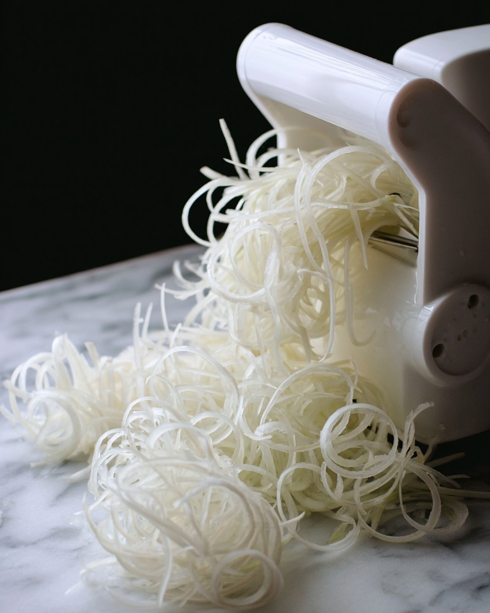 The image shows a white spiralizer machine on a white marbled surface, with thin, long, curly white vegetable noodles coming out from the side. The vegetable, held in place by the machine's white clamp, is being turned into many delicate, translucent strands that curl and pile up loosely around the spiralizer. The background is dark, which contrasts with the bright white of the spiralizer and vegetable noodles, highlighting their texture and shape. photo taken with an iphone --ar 4:5 --v 7