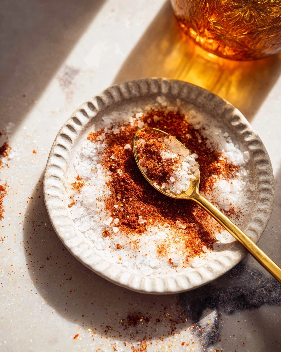 A white, textured small plate contains a mix of coarse sea salt flakes and reddish-brown spices spread unevenly across its surface, showing layers of white salt crystals and dark red spice powder. A long, gold-colored spoon rests on the plate, holding a small heap of the spice and salt mix, catching the light and creating a gentle shine. The background is a white marbled texture with some scattered salt crystals, and warm sunlight casts a glow from the top right corner, producing soft shadows. At the top right, a warm amber glass container is partially visible, adding a golden light reflection. Photo taken with an iphone --ar 4:5 --v 7