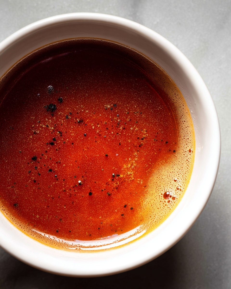 The image shows a close-up of a white bowl filled with a reddish-brown liquid that has a slightly oily surface with small black and dark brown specks floating on top. The liquid's texture looks smooth with some tiny bubbles near the edge and a faint foam layer spreading in the middle. The bowl sits on a white marbled surface, and the focus is on the liquid inside, capturing its glossy, rich appearance. photo taken with an iphone --ar 4:5 --v 7