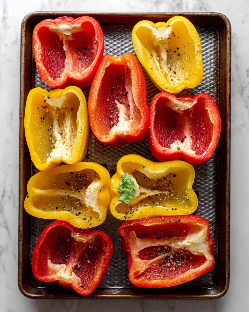 The image shows a baking tray filled with nine halved bell peppers arranged in a close group. There are two colors of bell peppers: red and yellow, each pepper sliced in half vertically with the inner white ribs and seeds removed. The red bell peppers have a glossy, smooth texture with some light reflections and black pepper sprinkled inside. The yellow bell peppers show a slightly textured inner surface with similar black pepper seasoning. The baking tray is dark metal with a slightly rough texture and a honeycomb pattern. The tray sits on a white marbled surface visible around the edges. photo taken with an iphone --ar 4:5 --v 7