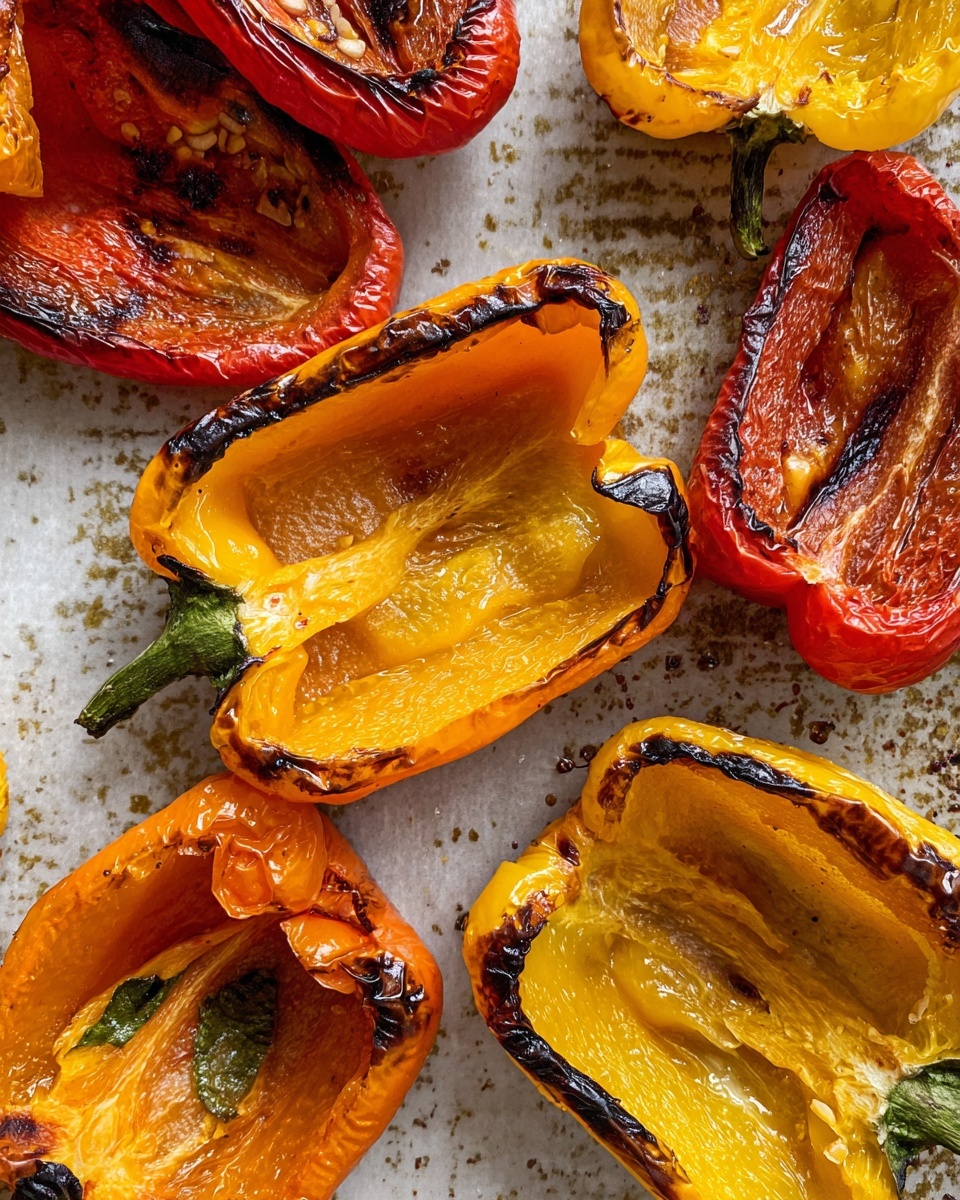 The dish shows a white oval plate full of roasted bell pepper slices with blackened edges in red, yellow, and orange colors. On top of and between the peppers are uneven dollops of soft white cheese that adds a creamy texture. Scattered over the dish are crunchy, broken golden brown bread pieces and small green herb sprigs, giving a fresh touch. The whole plate sits on a white marbled surface. Nearby, there is a glass bowl with a spoon inside, containing a light brown liquid. photo taken with an iphone --ar 4:5 --v 7