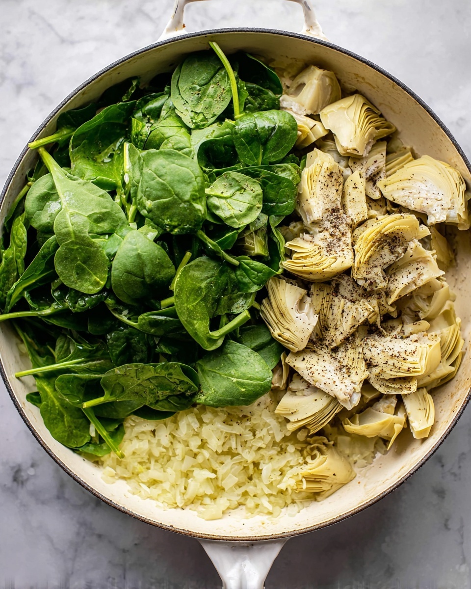 A white pan contains three visible layers of ingredients. The bottom layer is finely chopped pale yellow onion spread thinly across the pan base. On top of that, there is a layer of bright green fresh spinach leaves, clustered mostly on the left side. Covering the right side of the pan is a layer of light beige artichoke hearts, quartered and seasoned with dark specks of herbs. The pan rests on a white marbled surface. photo taken with an iphone --ar 4:5 --v 7