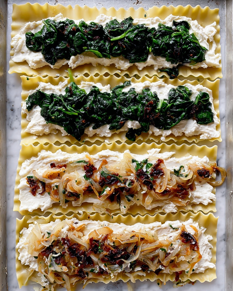 A close-up of a square piece of lasagna on a white plate with a white marbled texture background. The lasagna has several layers, starting with a bottom layer of soft white pasta, followed by a creamy white cheese layer with a smooth texture. On top, there is a golden-yellow baked cheese layer with some browned spots and small bits of caramelized onion or bacon scattered across. The dish is sprinkled with finely chopped green herbs and a little black pepper for decoration. A gold-colored fork is placed near the lasagna on the plate. photo taken with an iphone --ar 4:5 --v 7