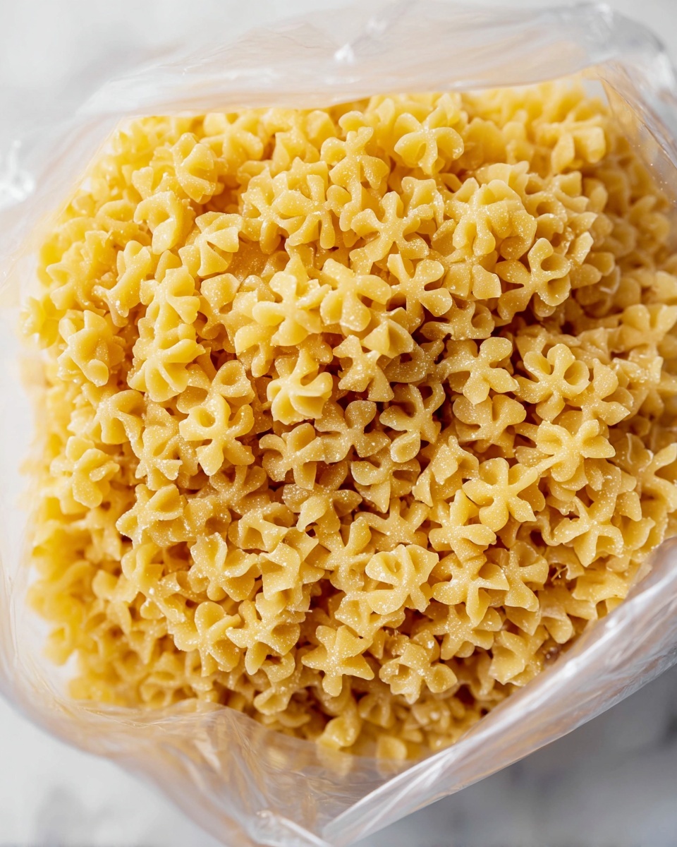 The image shows a close-up view of many small, uncooked pasta pieces shaped like tiny yellow flowers with a hole in the center. They are piled inside a clear plastic bag that is open at the top, revealing the pasta inside. The pasta pieces have a smooth, dry texture with a matte finish and are tightly packed together. The photo is taken on a white marbled surface. photo taken with an iphone --ar 4:5 --v 7