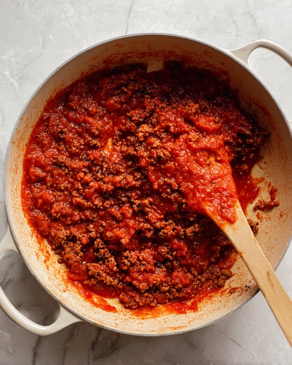 A close-up of a casserole dish shows a layer of melted mozzarella cheese stretching as a spoon lifts a portion. Below the cheese layer, there is a thick tomato sauce with bits of browned ground meat and pieces of pasta. Fresh green basil leaves are scattered on top of the melted cheese, adding a pop of color. The dish is in a white ceramic pan placed on a white marbled surface. A woman's hand holding a spoon lifts the cheesy portion, showing the stringy texture of the melted cheese. Photo taken with an iphone --ar 4:5 --v 7